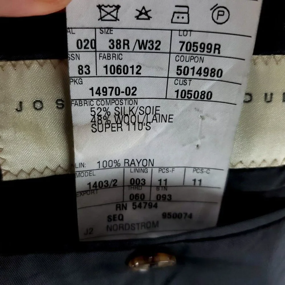 Joseph Abboud Super 110s Wool Silk 2‎ Button Suit Jacket 38R Gray Windowpane